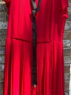 Red Pleated Midi Dress with Black Ribbon Belt